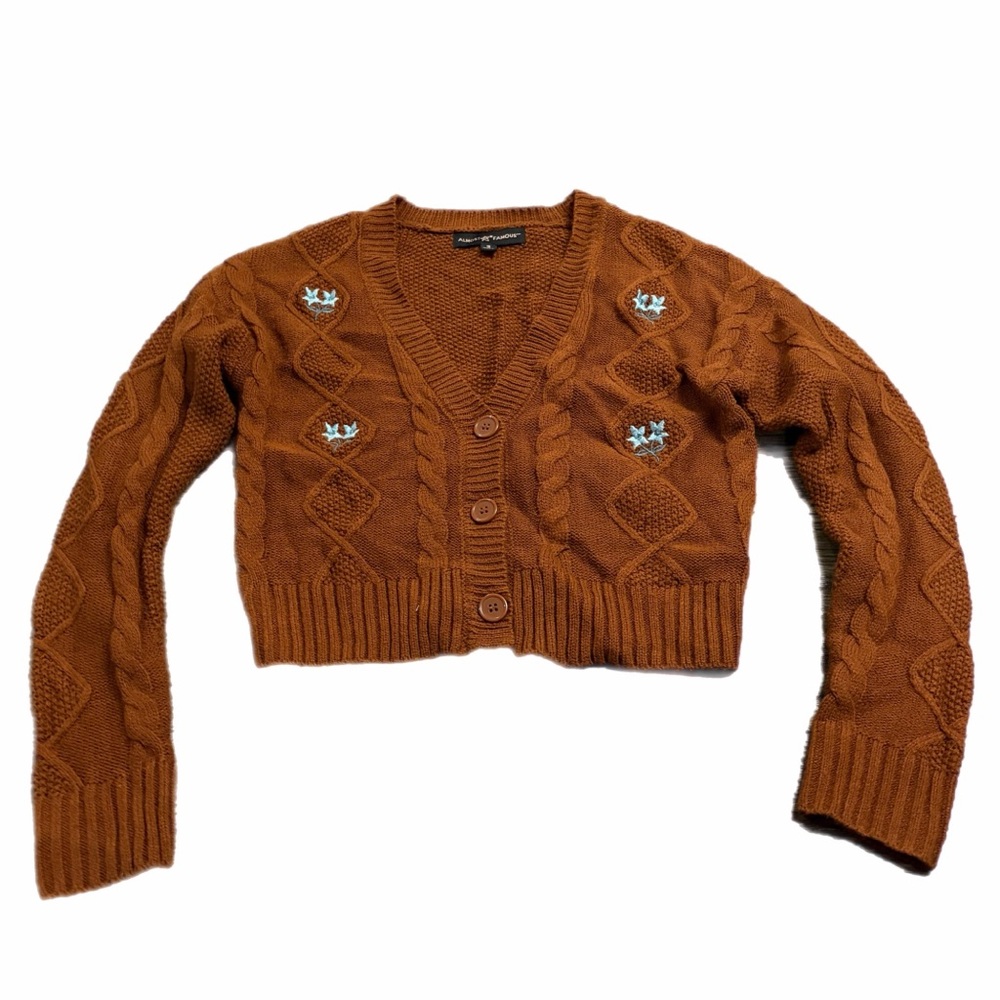 Almost Famous Cropped Cable Knit Cardigan Sweater w Embroidery (Burnt Orange) S